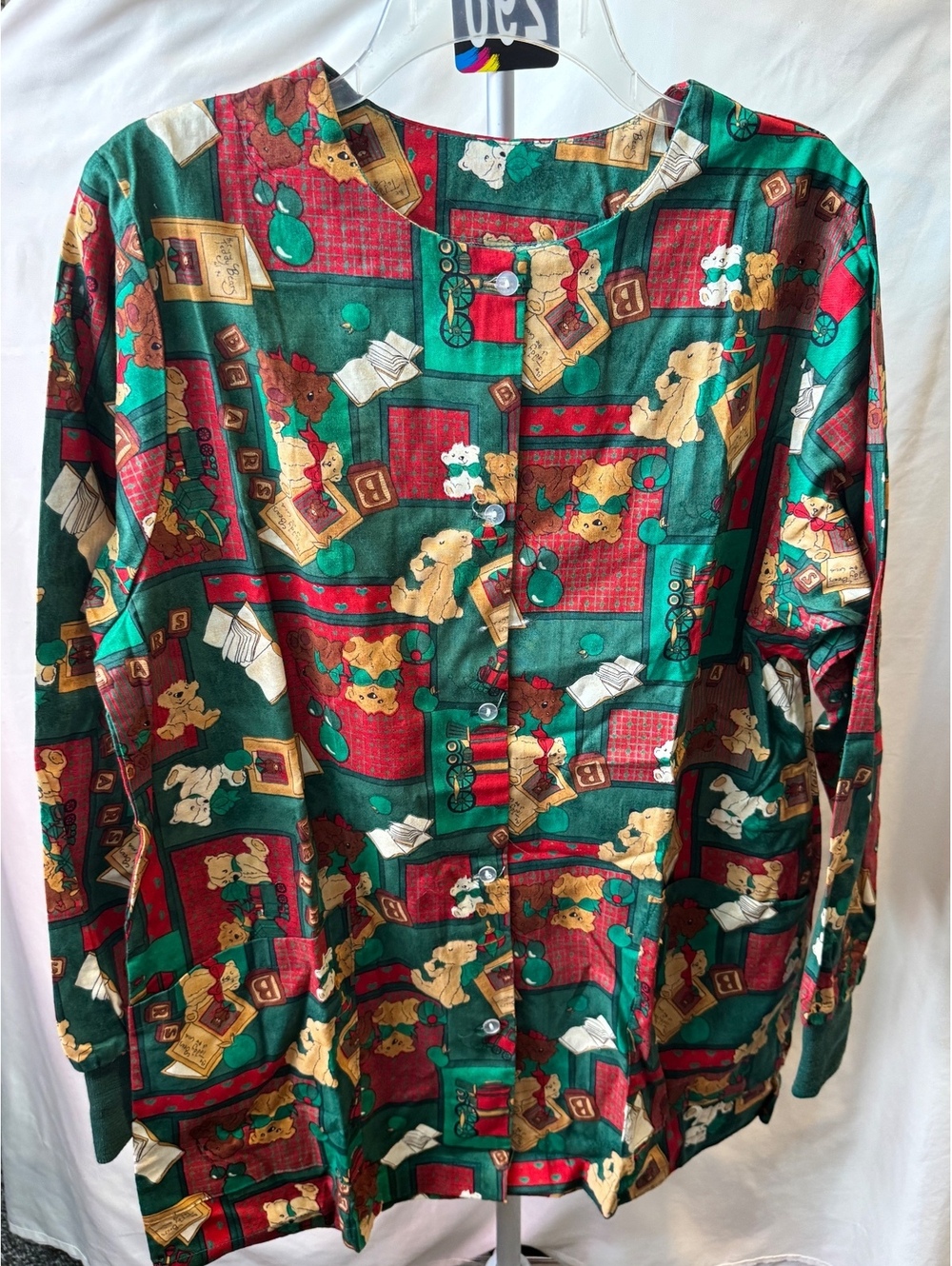Vintage Visions Teddy Bear Print Button-Up Shirt Medium Scrub